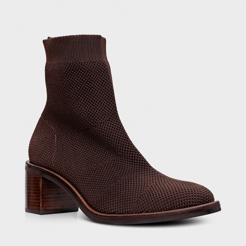 Bota Meia Basic Salto Bloco Knit Marrom Dark Brown