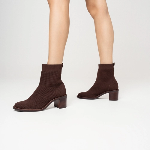 Bota Meia Basic Salto Bloco Knit Marrom Dark Brown