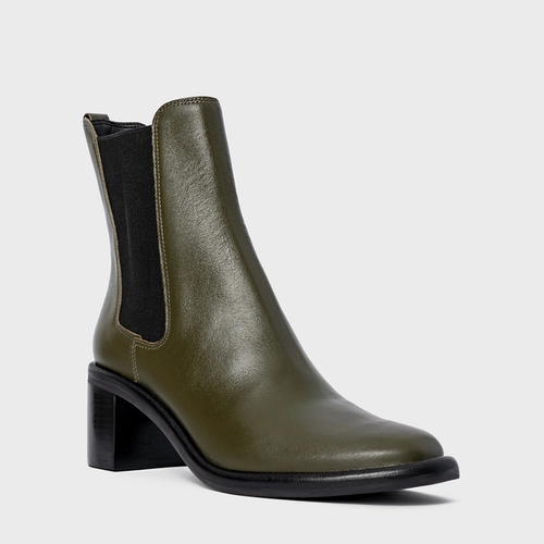 Bota Chelsea Basic Salto Bloco Couro Verde Herb