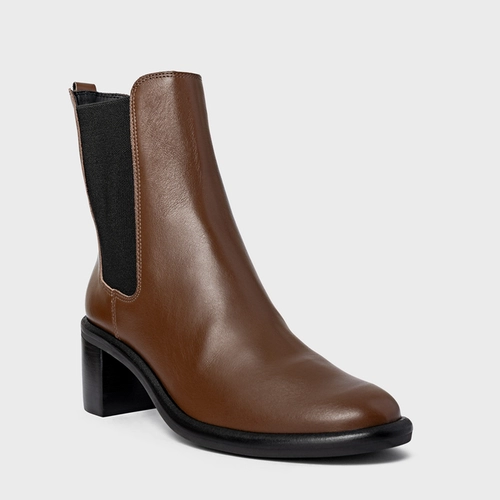 Bota Chelsea Basic Salto Bloco Couro Marrom Brownie