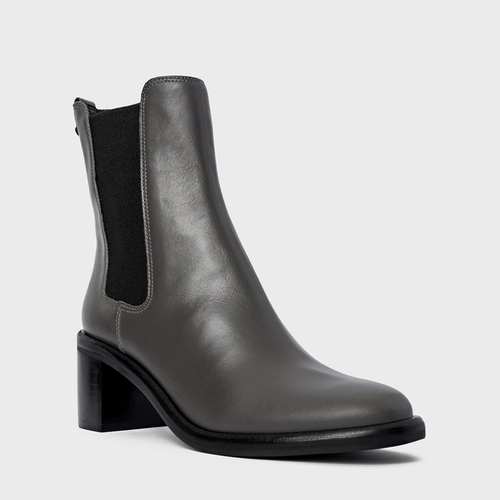 Bota Chelsea Basic Salto Bloco Couro Cinza Grafite