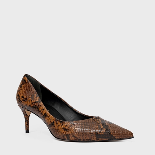 Scarpin Valentina Salto Fino Couro Snake Marrom Saddle
