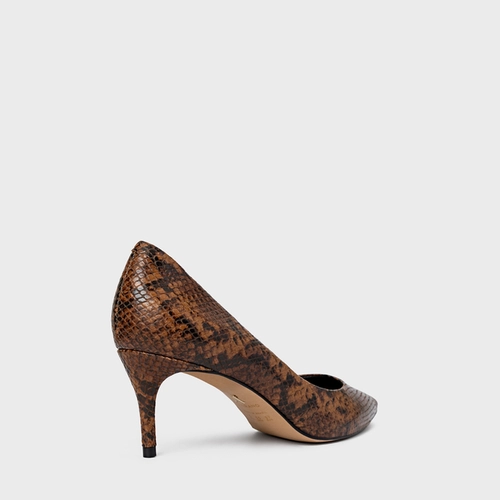 Scarpin Valentina Salto Fino Couro Snake Marrom Saddle