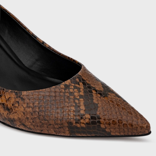 Scarpin Valentina Salto Fino Couro Snake Marrom Saddle