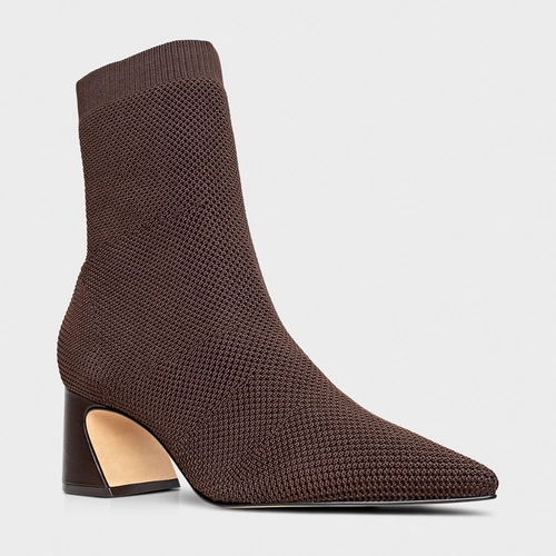 Bota Meia Salto Wave Knit Marrom Dark Brown