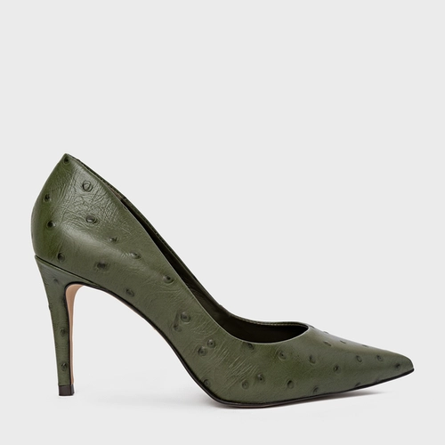 Scarpin Beatriz Salto Fino Couro Verde Army Green