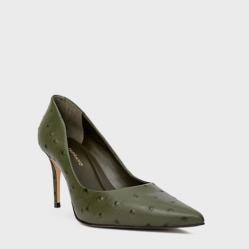 Scarpin Beatriz Salto Fino Couro Verde Army Green
