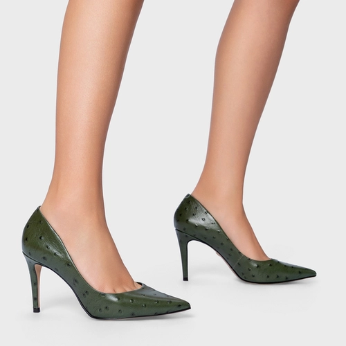 Scarpin Beatriz Salto Fino Couro Verde Army Green