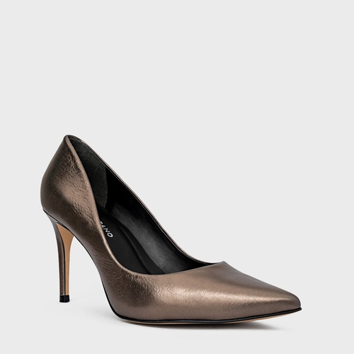 Scarpin Beatriz Salto Fino Couro Metalizado Prata Old