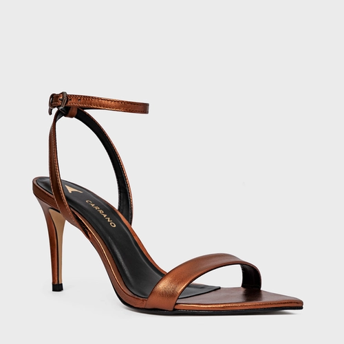 Sandália Fancy Tira Fina Salto Fino Couro Metalizado Maroon