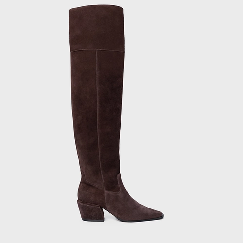 Bota Western Over The Knee Salto Bloco Couro Suede Marrom Ganache