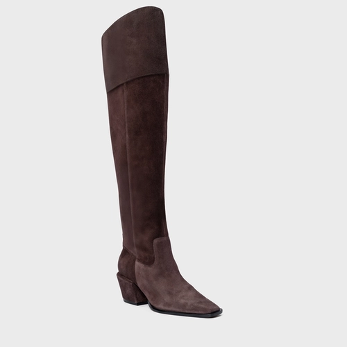 Bota Western Over The Knee Salto Bloco Couro Suede Marrom Ganache