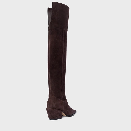 Bota Western Over The Knee Salto Bloco Couro Suede Marrom Ganache