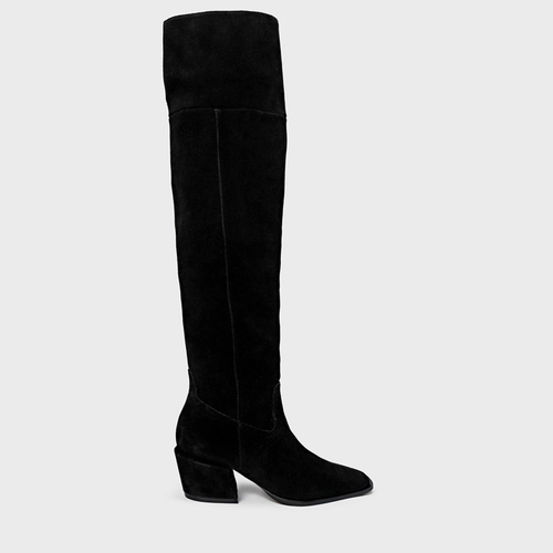 Bota Western Over The Knee Salto Bloco Couro Suede Preto