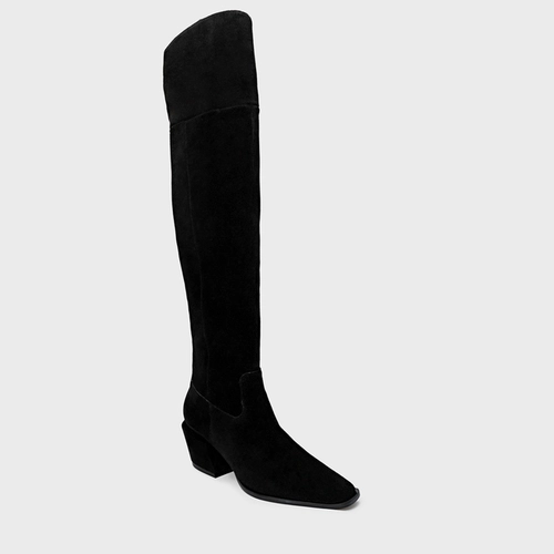Bota Western Over The Knee Salto Bloco Couro Suede Preto