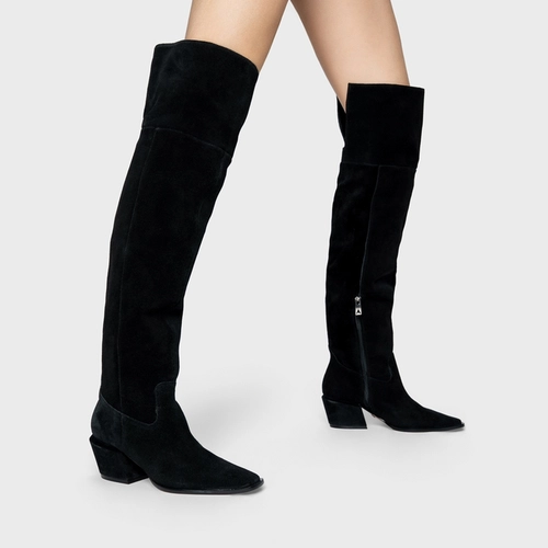 Bota Western Over The Knee Salto Bloco Couro Suede Preto