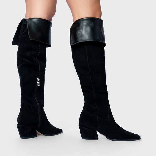 Bota Western Over The Knee Salto Bloco Couro Suede Preto