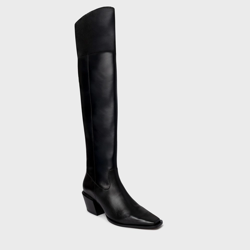 Bota Western Over The Knee Salto Bloco Couro Preto