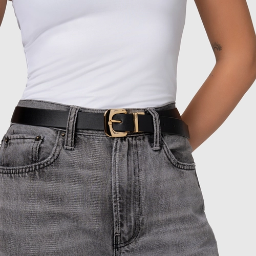 Cinto Fancy Médio Couro Duplo Preto e Saddle