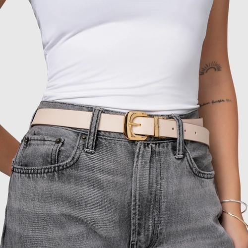 Cinto Fancy Médio Couro Duplo Off White Cotton e Saddle