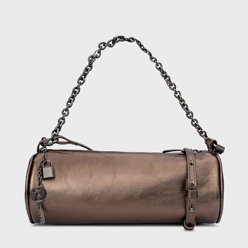 Bolsa Cilindro Ayla Média Couro Metalizado Prata Old