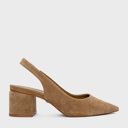 Scarpin Slingback Serena Salto Bloco Couro Suede Bege Almond