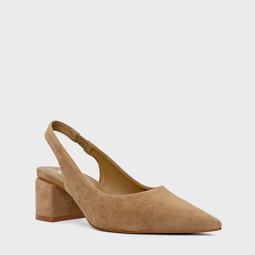 Scarpin Slingback Serena Salto Bloco Couro Suede Bege Almond