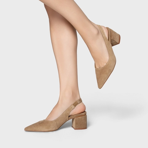 Scarpin Slingback Serena Salto Bloco Couro Suede Bege Almond