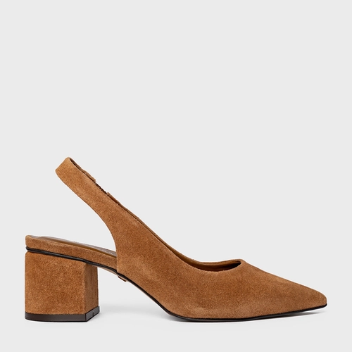 Scarpin Slingback Serena Salto Bloco Couro Suede Marrom Saddle