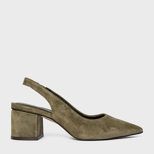Scarpin Slingback Serena Salto Bloco Couro Suede Verde Army Green