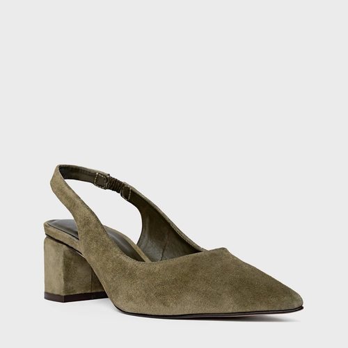 Scarpin Slingback Serena Salto Bloco Couro Suede Verde Army Green