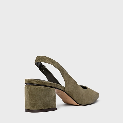 Scarpin Slingback Serena Salto Bloco Couro Suede Verde Army Green