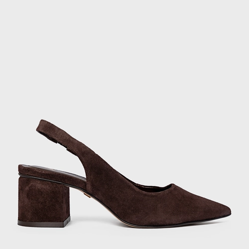 Scarpin Slingback Serena Salto Bloco Couro Suede Marrom Ganache