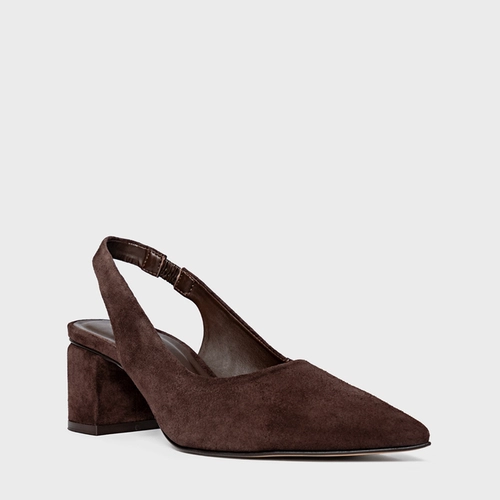 Scarpin Slingback Serena Salto Bloco Couro Suede Marrom Ganache