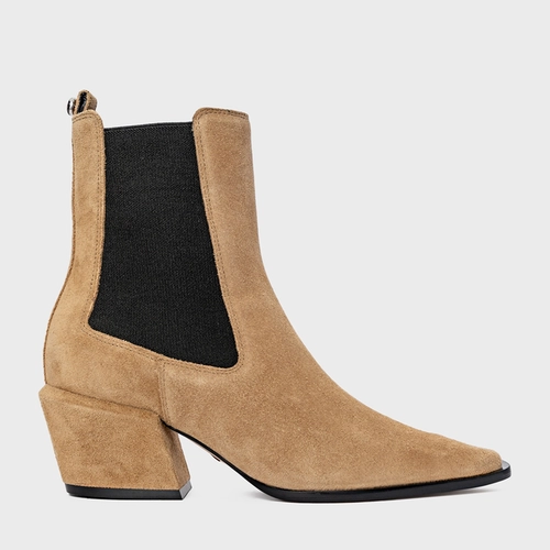 Bota Neutral Salto Bloco Couro Suede Bege Almond