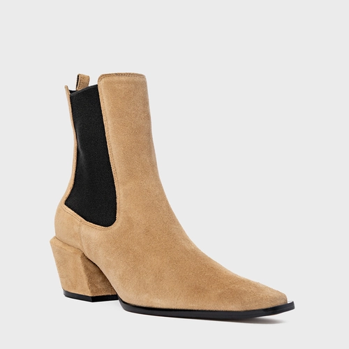Bota Neutral Salto Bloco Couro Suede Bege Almond
