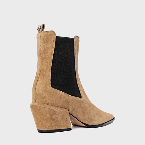 Bota Neutral Salto Bloco Couro Suede Bege Almond