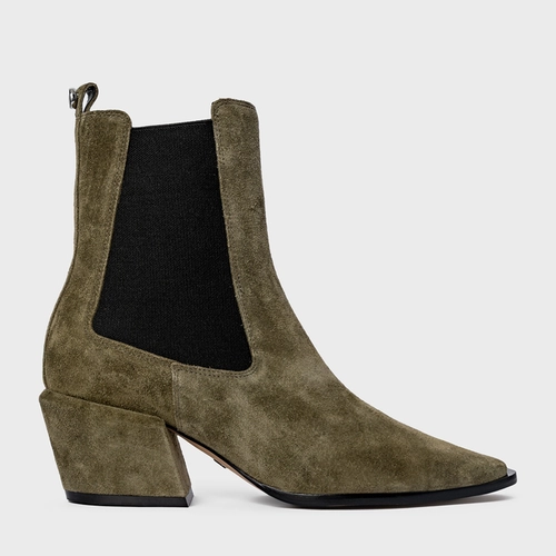 Bota Neutral Salto Bloco Couro Suede Verde Army Green