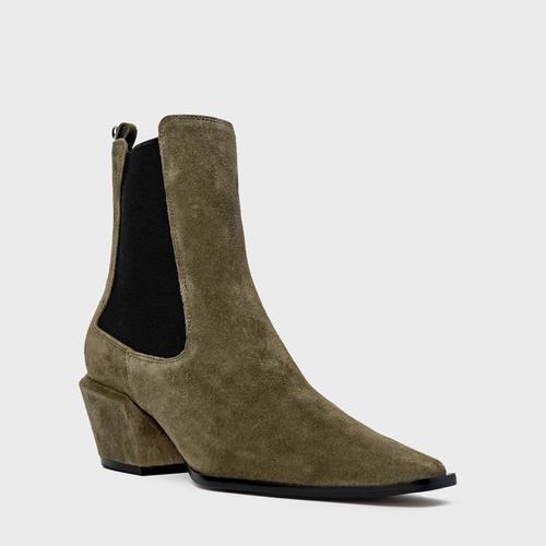 Bota Neutral Salto Bloco Couro Suede Verde Army Green