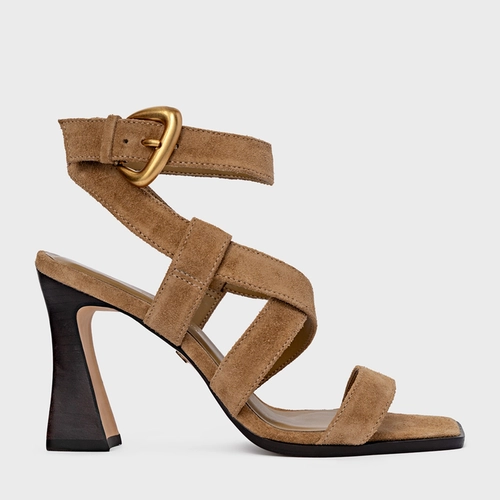 Sandália Tiras Salto Wave Couro Suede Bege Almond