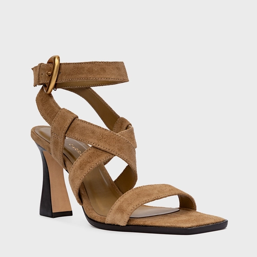 Sandália Tiras Salto Wave Couro Suede Bege Almond