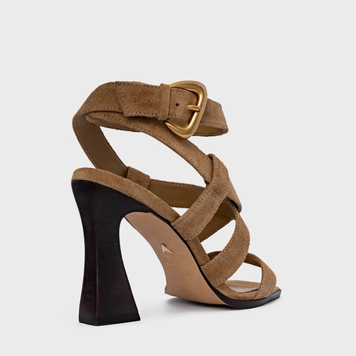 Sandália Tiras Salto Wave Couro Suede Bege Almond