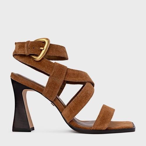 Sandália Tiras Salto Wave Couro Suede Marrom Saddle