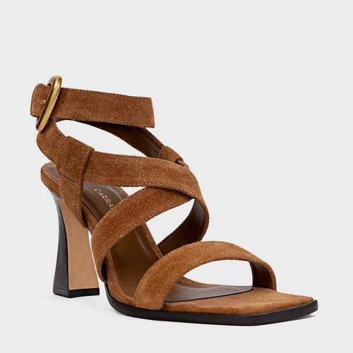 Sandália Tiras Salto Wave Couro Suede Marrom Saddle