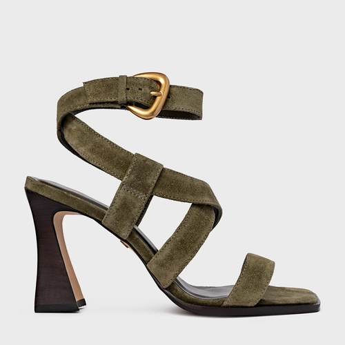 Sandália Tiras Salto Wave Couro Suede Verde Army Green