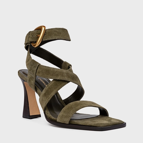 Sandália Tiras Salto Wave Couro Suede Verde Army Green