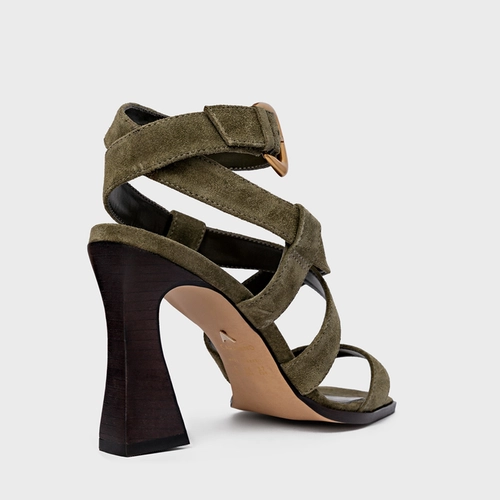 Sandália Tiras Salto Wave Couro Suede Verde Army Green