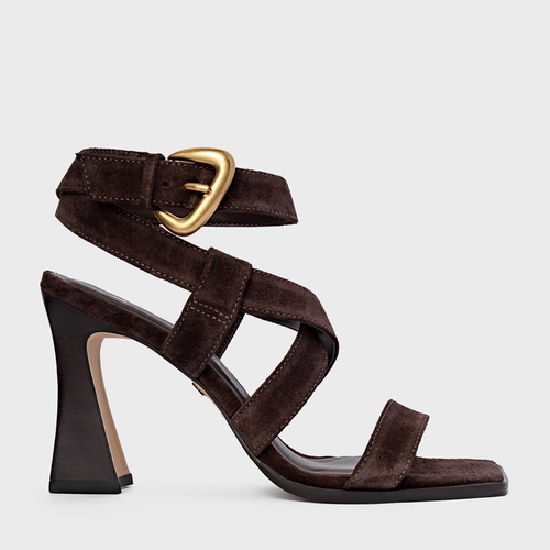 Sandália Tiras Salto Wave Couro Suede Marrom Ganache