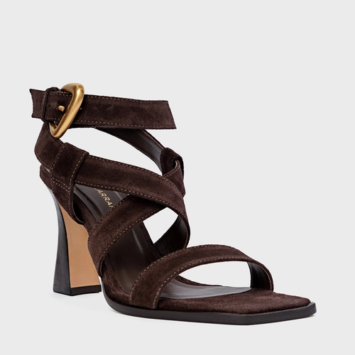 Sandália Tiras Salto Wave Couro Suede Marrom Ganache