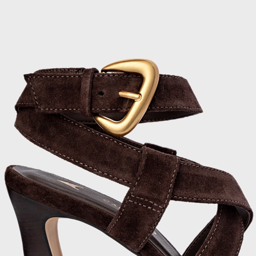 Sandália Tiras Salto Wave Couro Suede Marrom Ganache